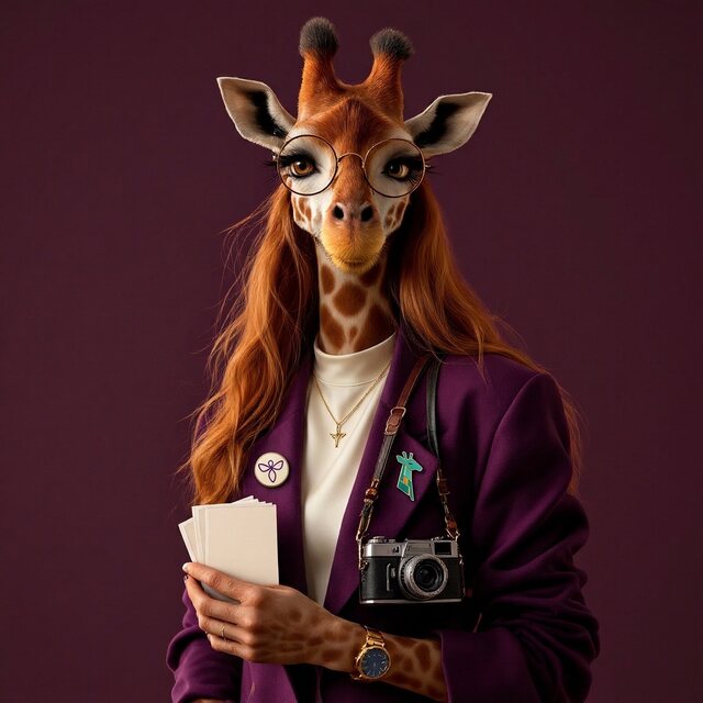 Cora, an illustrated giraffe with long chestnut waves and round gold glasses, in a deep-violet blazer with a Legacy OB/GYN pin and a Genesis Flow Labs pin, a film camera on a strap and blank photo prints in hand