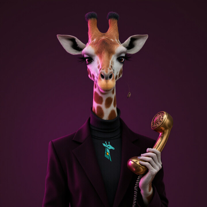 Nubia, an illustrated giraffe in a plum blazer holding a brass telephone handset